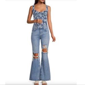 FREE people printed clean lines blue floral  print sleeveless bodysuit size M/L